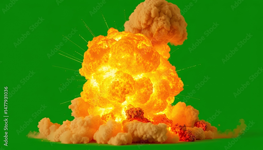 Poster dramatic explosion with fiery cloud and green screen background for visual effects and chroma key is
