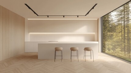 Modern kitchen with light beige tones and forest views.