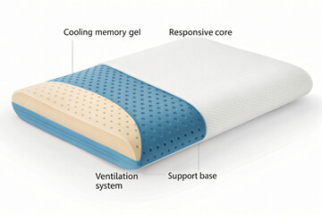 Orthopedic memory foam pillow with cutaway view of internal cooling and support layers