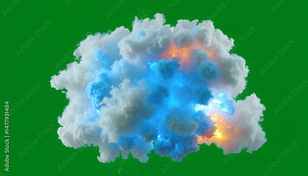 Poster dynamic 3d cloud explosion with blue and orange light on green screen background isometric rendering