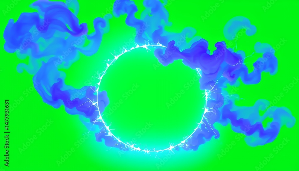 Poster dynamic blue and purple smoke with white particle circle animation isolated on green screen for vfx 
