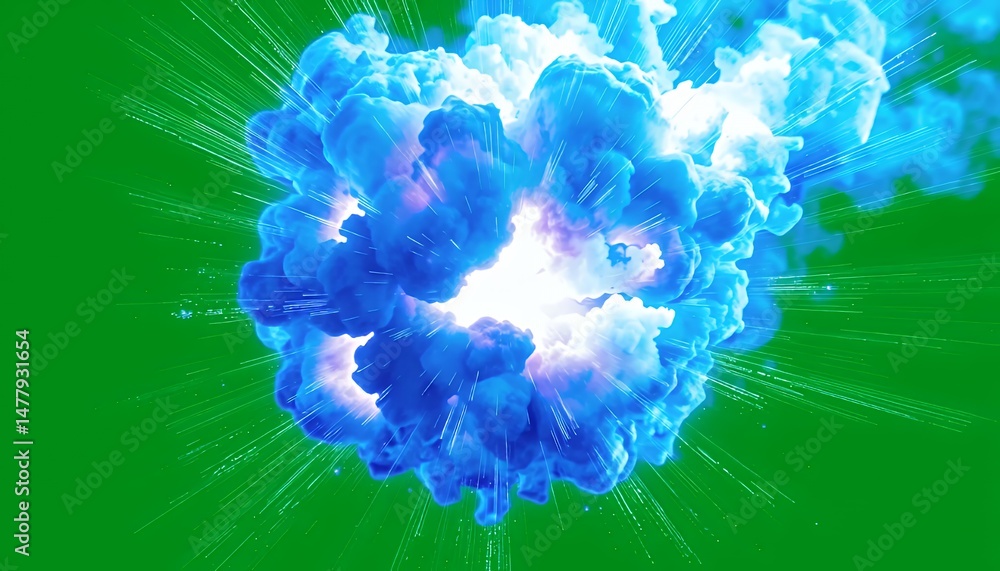 Poster dynamic blue explosion with white center isolated on green screen for vfx animation movie game eleme