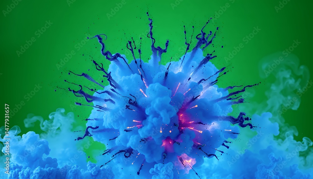 Poster dynamic blue explosion with red sparks on green screen isolated for vfx element and fantasy projects