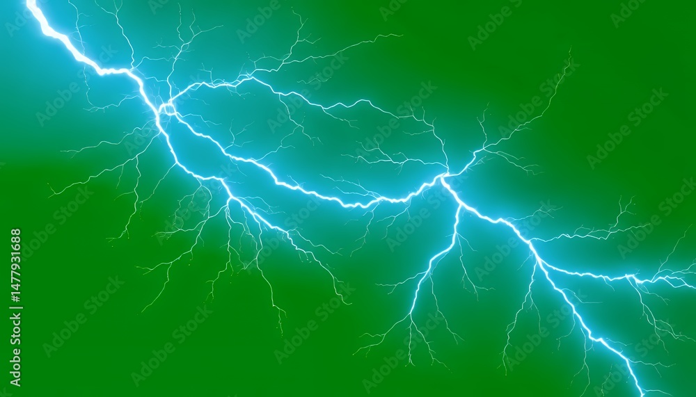 Poster dynamic blue lightning strike isolated on green screen for visual effects and movie elements with el