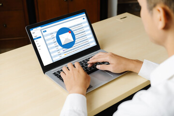 Email notification message showing on computer screen snugly. Digital marketing message information text from business to customer client