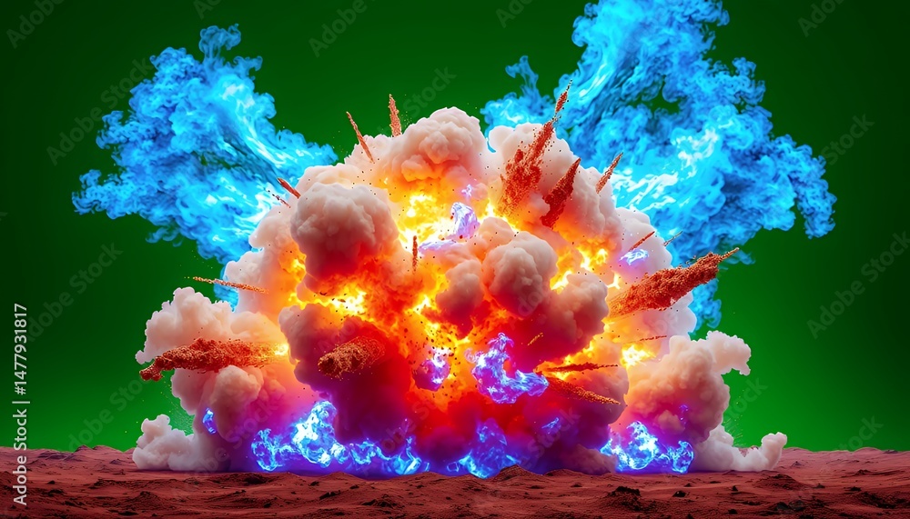 Poster dynamic explosion cloud with blue flames and orange sparks on green screen in isometric 3d rendering