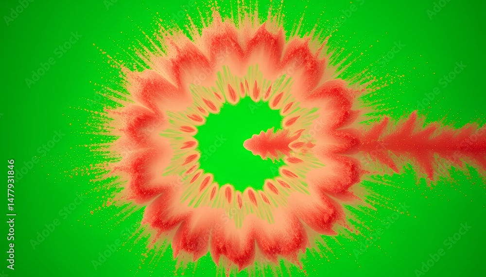 Poster dynamic explosion of coral peach particles in circular design isolated by green screen for vfx eleme