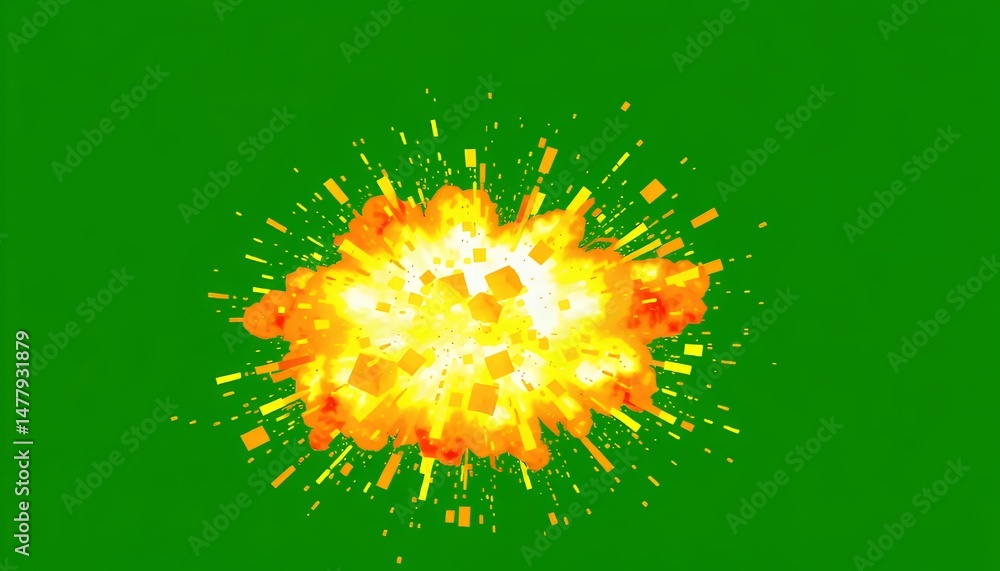 Poster dynamic fireball explosion animation with orange and yellow sparks isolated on a green screen perfec