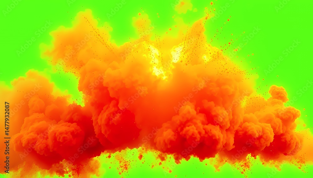 Poster dynamic orange explosion isolated by green screen with fiery sparks for visual effects in high resol