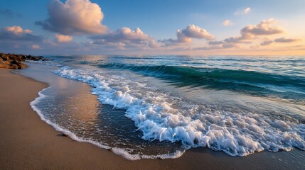 Gentle ocean waves caressing the sandy shore at dawn