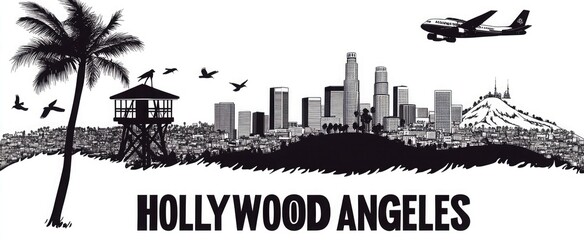 Naklejka premium Black and White Hollywood Angeles Skyline with Airplane and Birds Silhouette