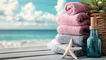 Spa setting with towels, seashells, starfish, lotion on wood table in front of ocean