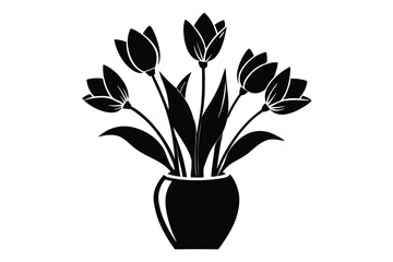 Stylized Tulips in Vase Black Silhouette Floral Vector Graphic Design Element