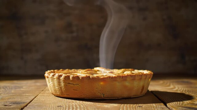 Freshly baked apple pie cooling on rustic wooden table with rising steam