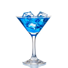 blue coctail with ice in martini glass.
