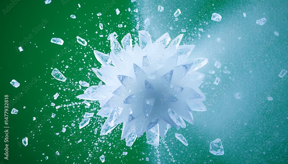Poster exploding ice sphere with shattered shards on green screen background isometric 3d isolated vfx movi