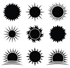 Sun icon set. Minimalist black and white sun symbols for design projects isolated on a white background.