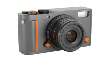 Close up of a gray camera with orange accents and a black lens on a black background studio shot