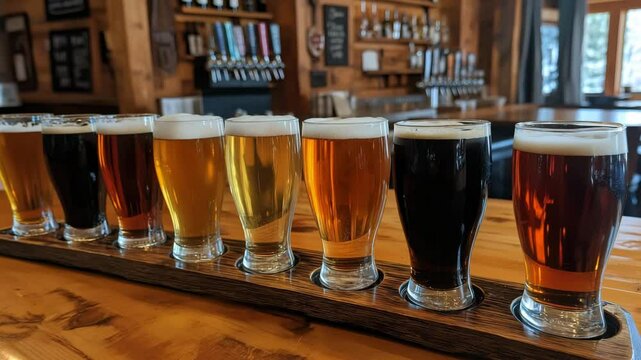 A selection of craft beers in clear glasses is presented on a wooden board at a local brewery showcasing diverse flavors and colors