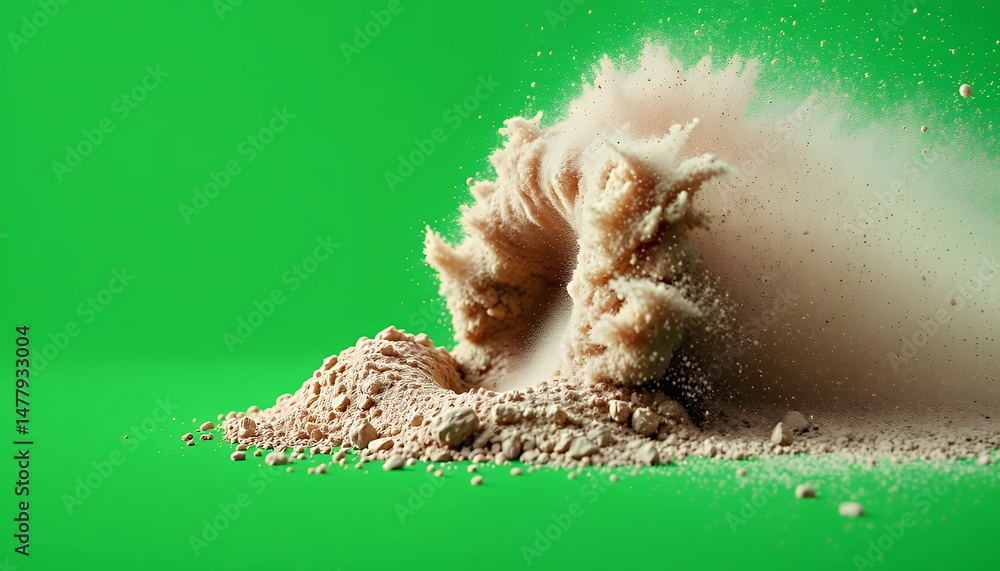 Poster explosive beige powder scattering on green screen background creating mesmerizing visual effect perf