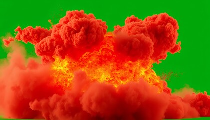 Explosive Orange Blast with Smoky Fire Isolated on Green Screen for VFX Movie and Game Element