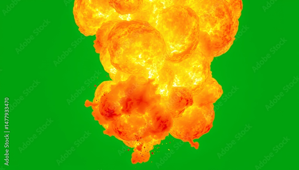 Poster fiery explosion animation isolated on green screen 3d rendered visual effects element in red and ora