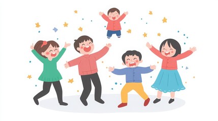 Naklejka premium Illustration of five happy children jumping and celebrating with stars and dots around them