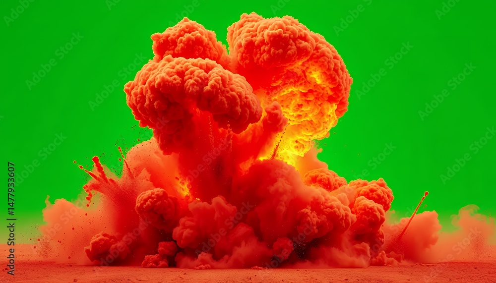 Poster fiery explosion with orange and red hues against green screen isolated for vfx movie game element wi