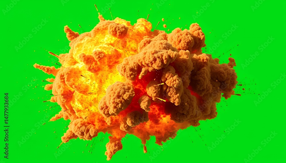 Poster fiery explosion with orange flames and smoke on green screen isometric 3d render for visual effects 