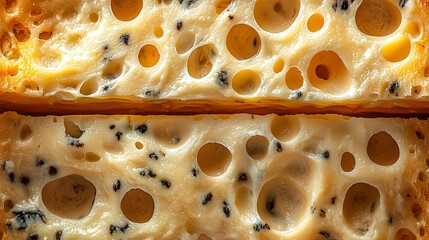 Close-up of sliced cheese with holes