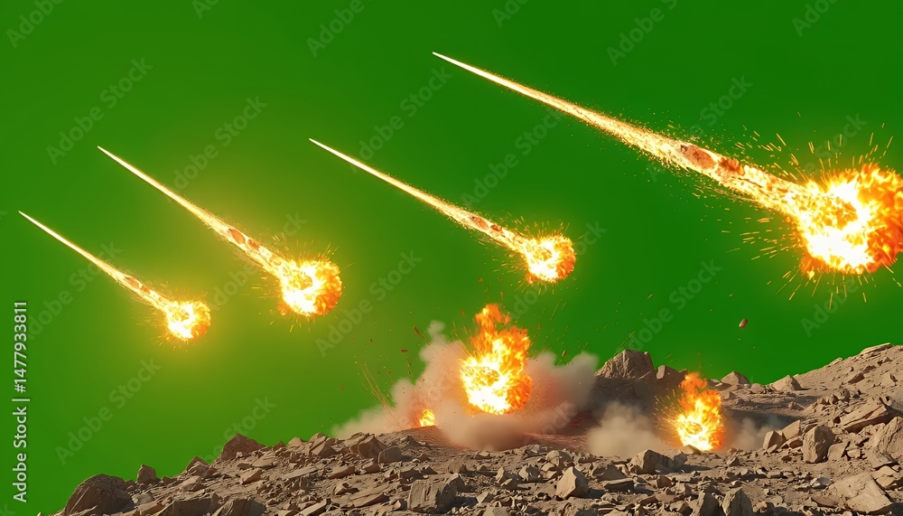 Poster fiery meteorites streaking across green screen background in isometric 3d rendering featuring orange