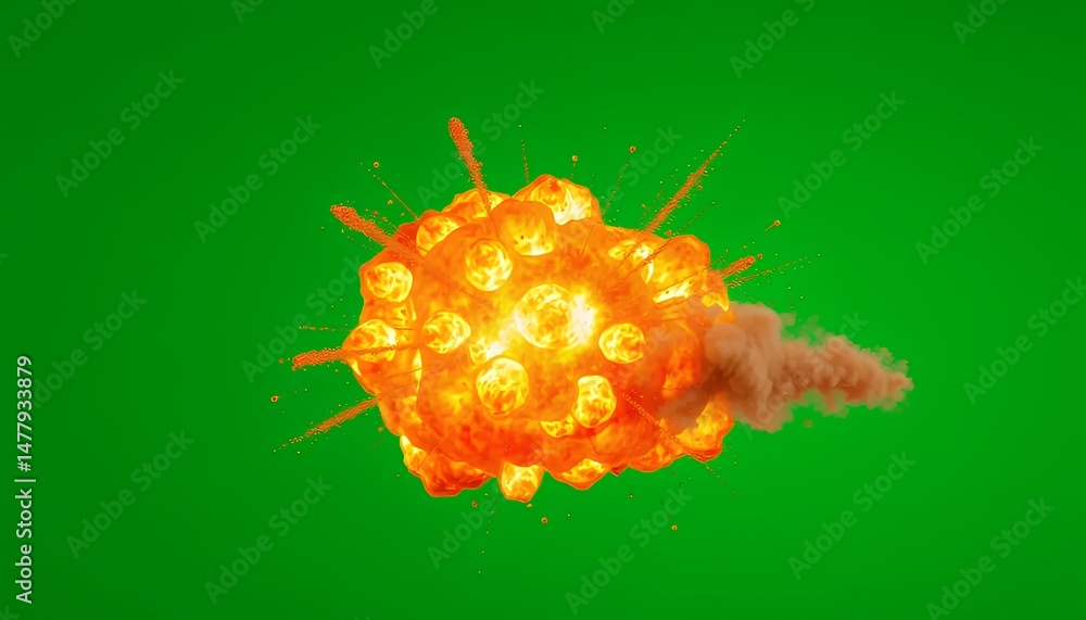 Poster fiery orange fireball explosion with flying particles isolated by green screen ideal for visual effe
