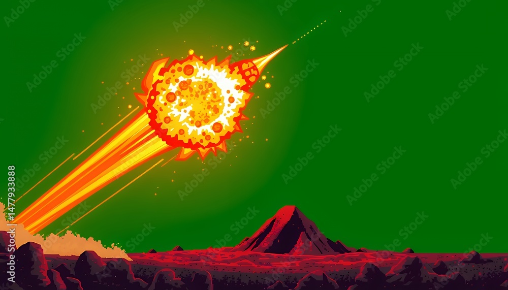 Poster fiery pixelated explosion streaks across martian landscape on green screen isometric 3d rendering fo
