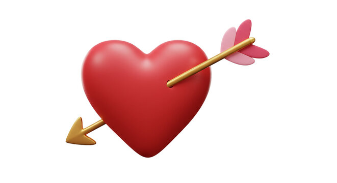 A red heart pierced by a golden arrow with pink fletching on a plain black isolated background view