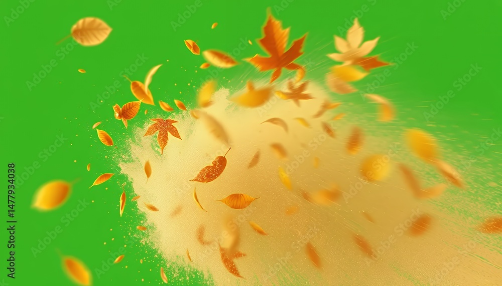Poster floating golden autumn leaves isolated on green screen for visual effects and compositing projects, 