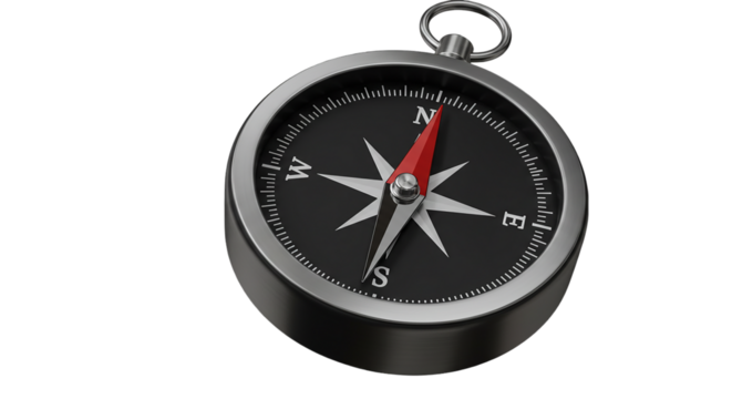 Close up of a silver compass with a red needle pointing north on a black background direction tool device