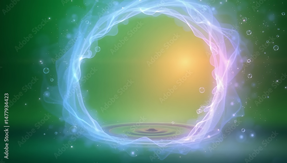 Poster glowing blue and white circular vortex portal isolated by green screen with pixelated platform for v