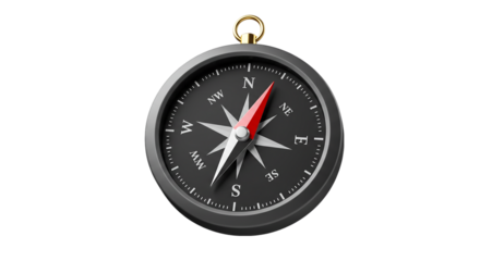 A close up view of a compass with a red needle pointing north on a black background isolation 100