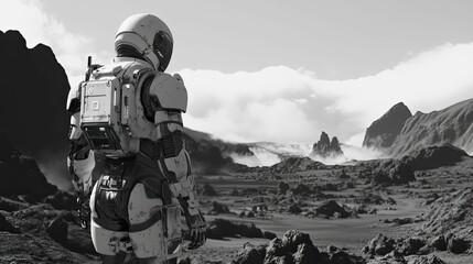 Robotic explorer surveys alien, rocky landscape.