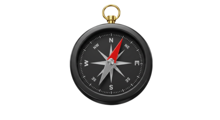 A close up view of a black compass with a red needle on a black background showing direction north