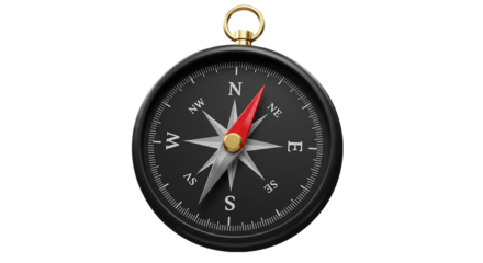A close up of a black compass with a red needle pointing north on a black background image view