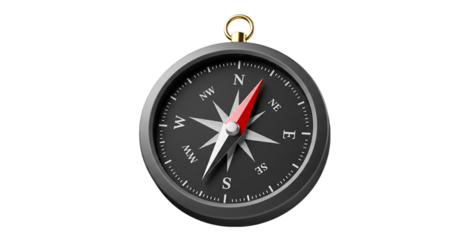 A close up view of a compass with a red needle pointing north on a black background isolation 100