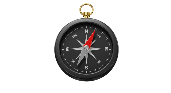 A close up view of a black compass with a red needle on a black background showing direction north
