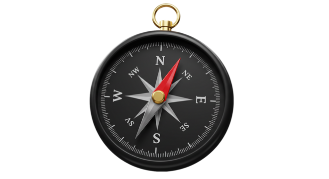 A close up of a black compass with a red needle pointing north on a black background image view