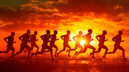 Silhouetted runners sprint towards a bright sunset on a flat surface.