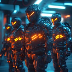 Futuristic soldiers stand, glowing armor, neon backdrop.