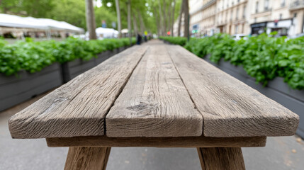 Fototapeta premium Sleek wooden bench whispers tales of picnics past, nestled in urban green, echoing Earth Day and Arbor Week