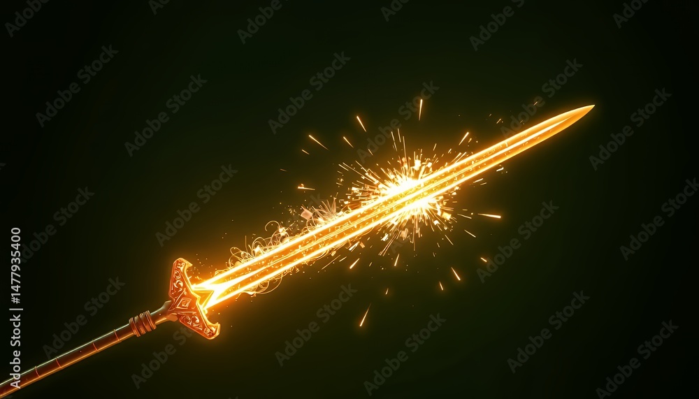 Poster golden sparkling sword isolated on green screen isometric 3d render vfx movie game element fantasy i