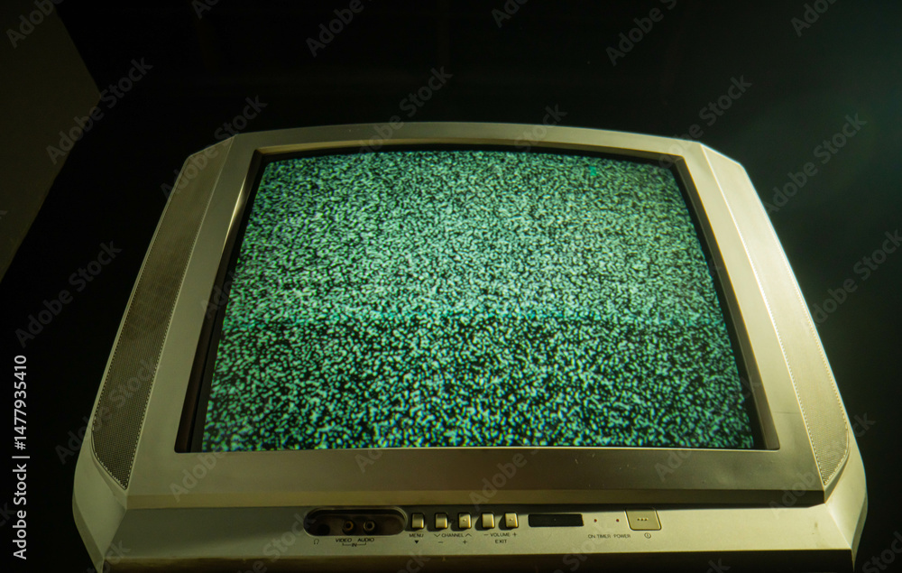 Poster old television displaying static noise screen