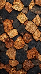 Close-up of textured mosaic  Various  brown, tan, and dark tiles